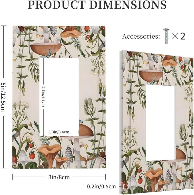 Boho Mushroom Forest Plants Wildflowers Insects Decorative Outlet Covers 1 Gang Single Rocker Light Switch Cover Plate Wall Plates GFCI Faceplate for Kids Room Home Decor