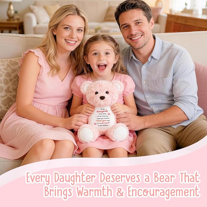 to My Daughter Teddy Bear Plush Toy, Daughter Gifts from Mom Dad, Soft Stuffed Animal with Positive Affirmation Message, Mothers Day Birthday Graduation Gifts for Daughter Women Kids 15" (Pink Curly)