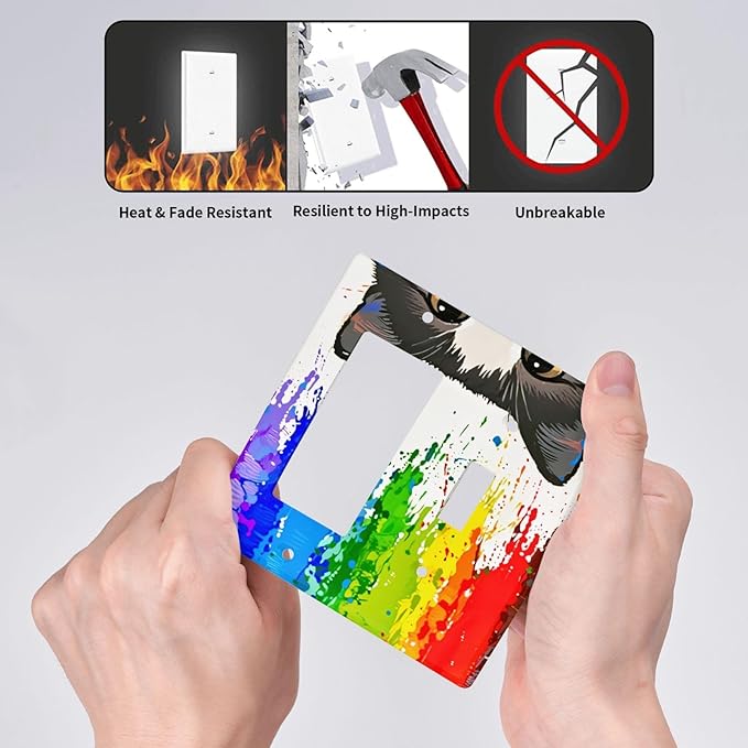 Cat Rainbow Single Toggle Rocker Combination Wall Plate Decorative 2 Gang Light Switch Covers Electrical Switchplate Home Decorate Faceplat for Bathroom Bedroom Kitchen Room 4.5 x 4.5 Inch
