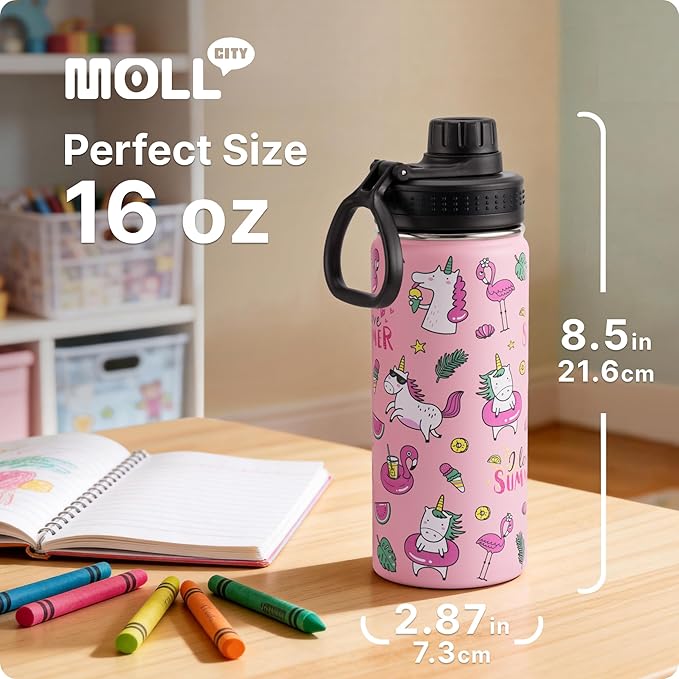 16 oz Water Bottle-Stainless Steel Double Walled Vacuum Insulated Water Bottle for Girls School-BPA Free, Flamingo Pink