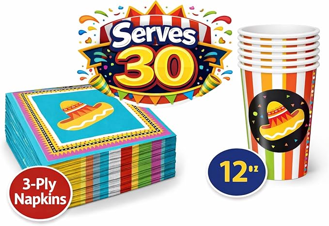 Cinco de Mayo Fiesta Party Supplies – Serves 30 Guests, Includes 9" Dinner Plates, 7" Dessert Plates, 12 oz Cups, 3-Ply Napkins, Mexican Fiesta Theme Party Decorations & Tableware by Oojami