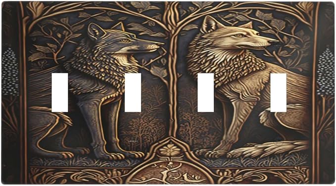 Medieval Wolves Animal Vintage Print Light Switch Covers Quad Toggle Electrical Faceplate 4 Gang Wall Plate Decorative Switch Plates for Farmhouse Home Decor