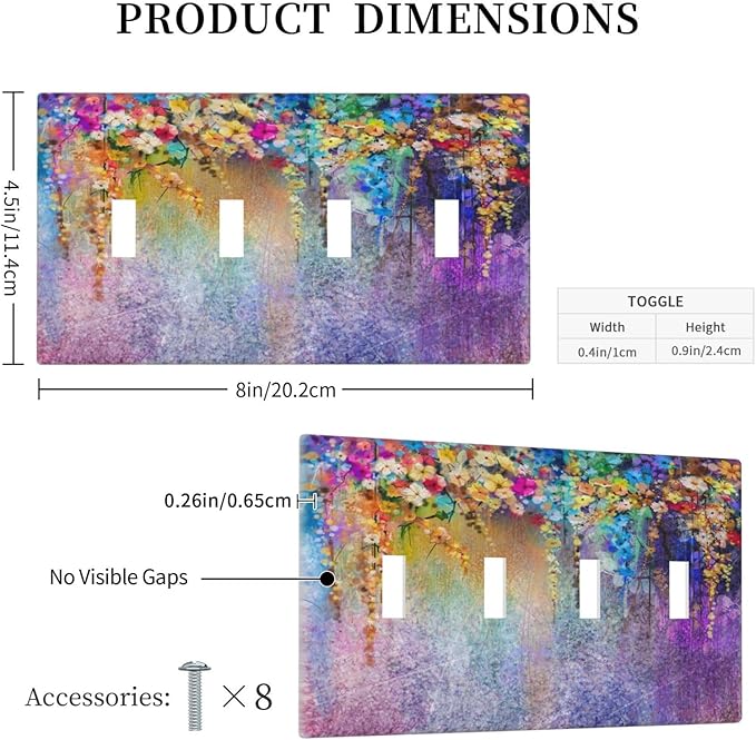 Colorful Floral Watercolor Flower Quad Toggle Light Switch Cover Decorative Purple Garden 4 Gang Wall Plate Electrical Faceplate Switchplate for Farmhouse Bathroom Bedroom Living Room Decor