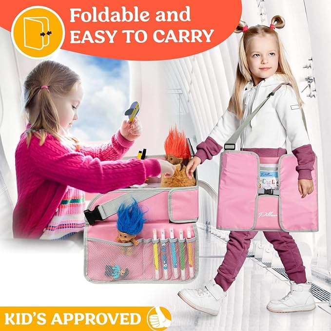 PILLANI Kids Travel Tray for Car Seat - Carseat Tray w/ iPad Holder & Dry Erase Board, Road Trip Activities - Toddler Lap Desk Organizer for Airplane - Roadtrip & Travel Essentials - Pack of 2, Pink