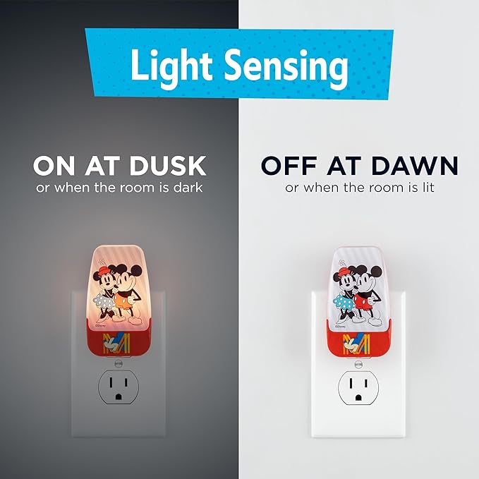 Disney Classic Mickey and Minnie LED Night Lights Plug Into Wall NightLight for Kids Room Decor Ambient Lighting Girls Boys Bedroom Bathroom Light Nursery 66812