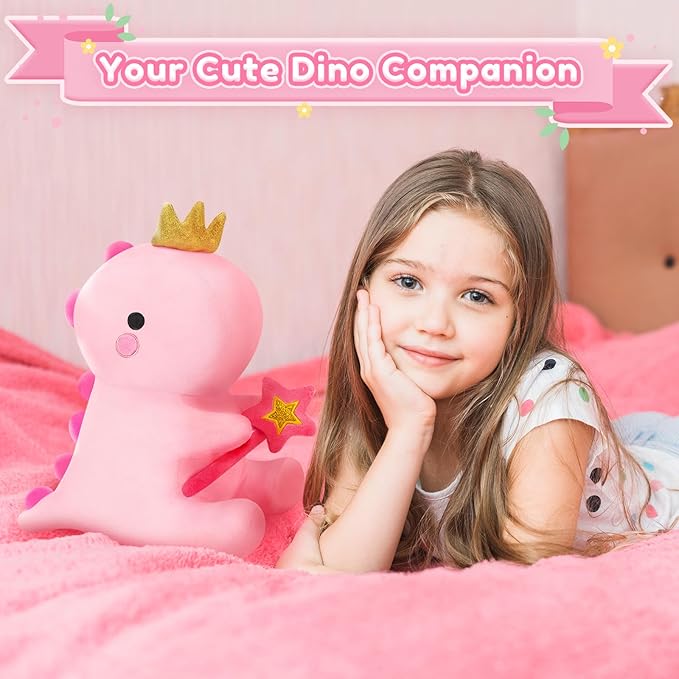 SQEQE Dinosaur Stuffed Animal, Cute Dinosaur Plush Toys with Fairy Wand, Dino Plushies Anniversary Birthday Gift for Her Girls Boys Boyfriend Girlfriend(Pink,12 inch)