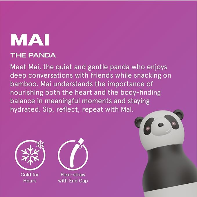 asobu Bestie Bottle Insulated Stainless Steel Water Bottle with Detachable Soft Animal Head Fun Drinking For Kids and Teens with Flexible Reusable Straw 16 Ounce (Panda)