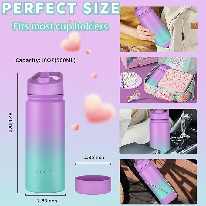 mininoo Insulated Water Bottle for School, 16oz Back to School Water Bottle with Straw Lid for Girls, Boys (Purple/Sky)