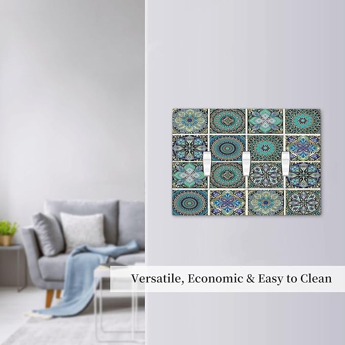Decorative Switch Plates Mandala Decorative Rustic Vintage Turquoise Pattern 3 Gang Wall Plate Triple Toggle Light Switch Cover Faceplate Electrical Wall Panels for Bedroom Bathroom