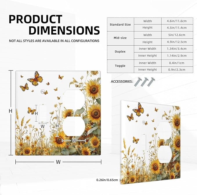 Sunflower Gold Wildflowers Summer Butterfly Wallplates 1 Toggle 1 Duplex Switch Plate Electrical GFCI Faceplate Decorative Light Switch Covers for Bedroom Living Room Decor