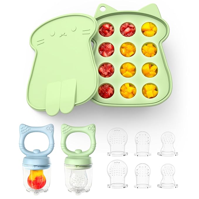 Silicone Baby Fruit Food Feeder (2 Pack) with Freezer Nibble Tray, Breastmilk Popsicle Molds for Baby Teething Relief, Feeder for Safe Infant Self Feeding, BPA Free, Dishwasher Safe, 3 Month+ Green