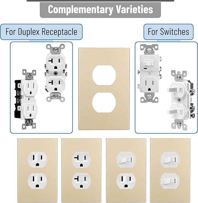 Bates- Screwless Duplex Wall Plate, Standard Size, 4.68" x 2.9", 6 Pack, Gold, 1-Gang Child Safe Receptacle Outlet Cover, Unbreakable Polycarbonate Thermoplastic