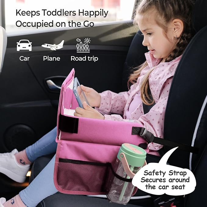 Car Seat Tray for Kids Travel, Carseat Tray for Toddler Road Trip Activities, Car Trays for Kids Road Trip Essentials, Travel Trays for Airplane, Toddler Car Seat Lap Table - Pink