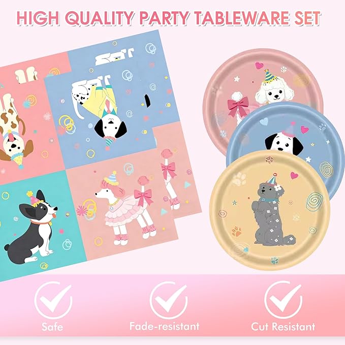 48Pcs Dog Birthday Party Supplies Set - Cute Puppy Themed Paper Plates & Napkins, Serves 24 Guests, Disposable Pet Party Tableware for Kids Birthday Baby Shower Table Decor