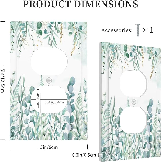 Boho Green Eucalyptus Leaf Floral Sage Flower Outlet Covers 1 Gang Duplex Light Switch Cover Decorative Switch Plates Electrical Receptacle Faceplate Wall Plate for Bedroom Living Room Decor