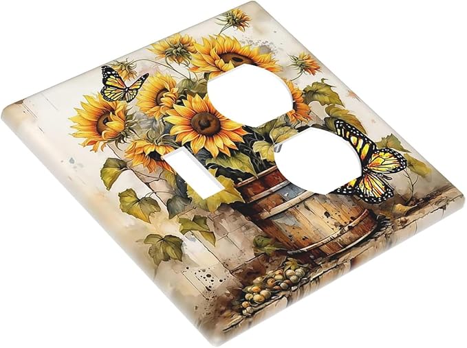 Wallplates Rustic Vintage Sunflower Bouquet Butterfly 1 Toggle 1 Duplex Switch Plate Electrical GFCI Faceplate Decorative Light Switch Covers for Farmhouse Cabin Decor