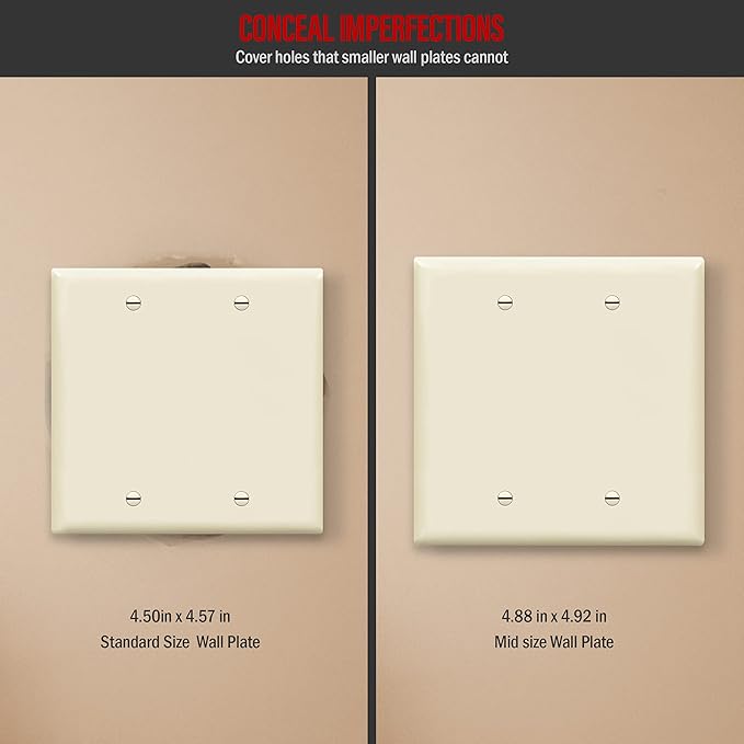 ENERLITES Double Blank Device Wall Plate, Gloss Finish, Mid-Size 2-Gang 4.88" x 4.92", Unbreakable Polycarbonate Thermoplastic, UL Listed, 8802M-LA, Light Almond