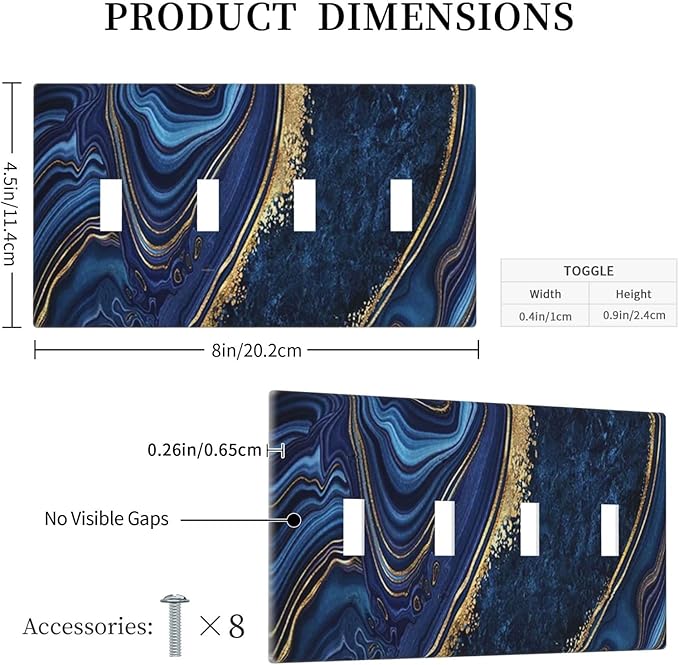 Navy Blue Marble 4 Gang Light Switch Cover Decorative Quad Toggle Wall Plate For Teen Kids Boys Bathroom Home Bedroom Art Panel Decorate 8" x 4.5