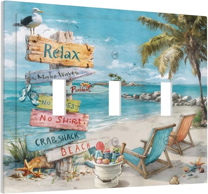 Ocean Beach Tropical Palm Tree Coastal Seaside Decorative Switch Plates 3 Gang Wall Plate Triple Toggle Light Switch Cover Faceplate Electrical Wall Panels for Kids Room Living Room Decor