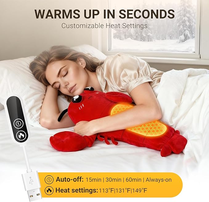 Crustacean Lobster Heating Pad for Period Cramps, Heated Stuffed Animal, Portable USB Electric Heating Pad with Auto Shut Off, Warm Plushie for Belly Back Shoulder Pain Relief, Gift for Mom Women