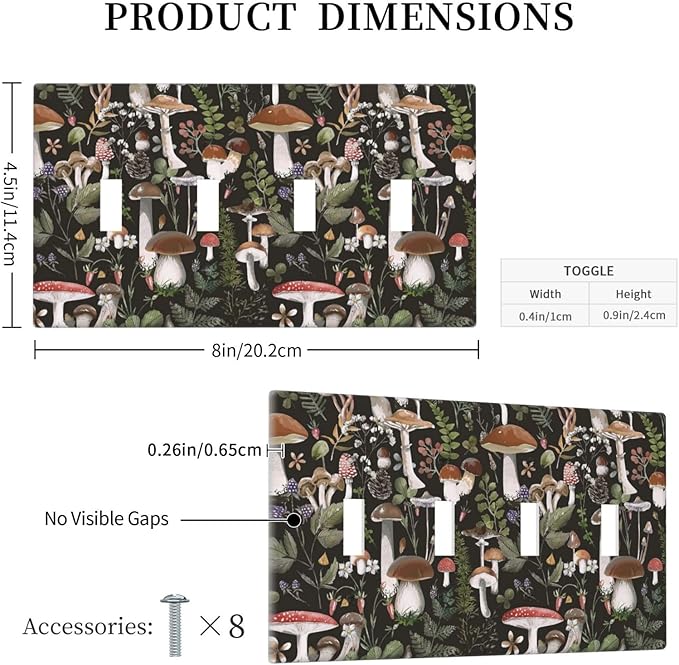 Black Boho Moth Botanic Mushroom Decorative 4 Gang Quad Toggle Light Switch Cover Electric Large Size Quadruple Faceplate Decorative Switch Face Wallplate