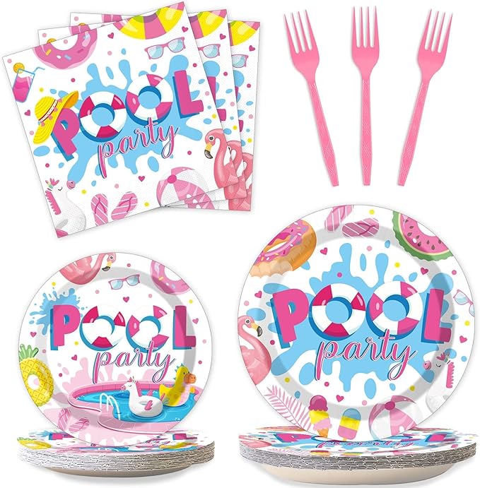 Qyeahkj 100 Pcs Swimming Pool Party Plates and Napkins Set Summer Pool Party Decorations Supplies Pool Disposable Paper Tableware Dinnerware Party Favors Birthday Shower Serves 25