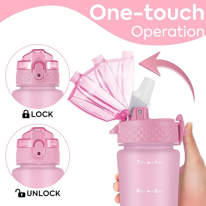OLDLEY Kids Water Bottle with Straw 15 oz BPA-Free Leak-Proof Motivational Water Bottles with Time Marker for School Sports Travel Gym, Easy to Use for Girls Goys, 1 Straw Lid, Candy Pink