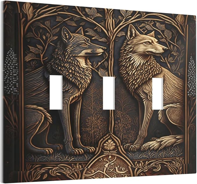 Medieval Wolves Animal Vintage Print Decorative Switch Plates 3 Gang Wall Plate Triple Toggle Light Switch Cover Faceplate Electrical Wall Panels for Farmhouse Home Decor