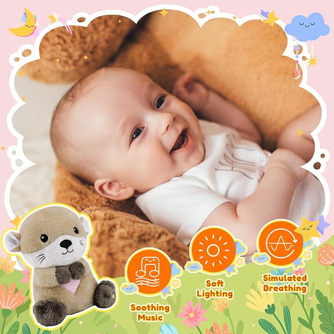 BRICHOEE Breathing Stuffed Animal, Soothing Otter Stuffed Animal with Breathing Motion, Calming Sound and Light for Baby Sleep Companion Portable Plush Toy Gifts for Kids Adults Newborns