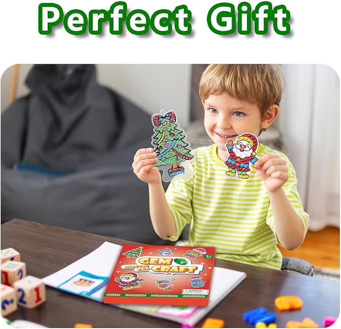 WAHFNG Gem Art, Diamond Art Kids Painting Kit -Make Your Own Stickers,Keychains & Suncatchers - Arts and Crafts for Girls and Boys - Gift Ideas for Age 6, 7, 8, 9, 10,11,12 Years Old（Christmas）