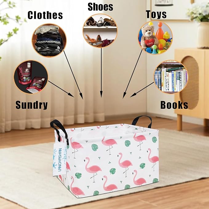 LANGYASHAN Rectangular Storage Bin Collapse Canvas Fabric Cartoon Storage Basket with Handles for Organizing Home Kitchen Boys and Girls Toys Office Closet Shelf Baskets(Rec Leaf Flamingo)