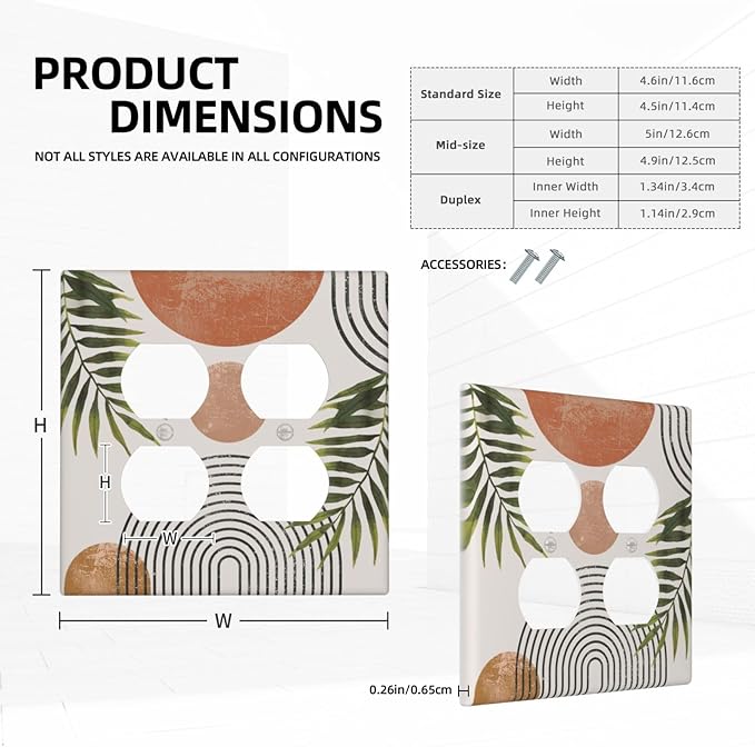Beautiful Boho Mid Century Large Archs Sun Leaves Plants Outlet Covers 2 Gang Double Duplex Decorative Light Switch Covers Electrical Wallplates Socket Faceplate for Bedroom Living Room Decor