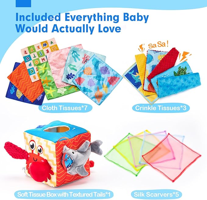 hahaland Baby Tissue Box Toy - Baby Toys 6-12 Months Montessori Toys for 6 Month Old with Textured Tails, Crinkle Tissues, Squeaky, Mirror, Play Silks Sensoy Scarves Baby Gifts 9 Month Old Travel Toys
