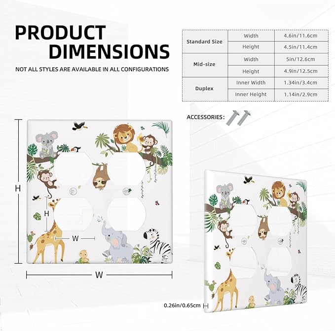 Jungle Animals Tree Branch Monkey Giraffe Lion Elephant Outlet Covers 2 Gang Double Duplex Decorative Light Switch Covers Electrical Wallplates Socket Faceplate for Kids Room Nursery Decor