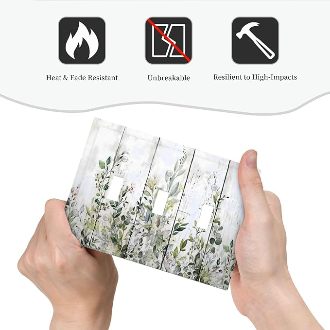 Sage Green Eucalyptus Rustic Country Botanical Leaf Flower Decorative Switch Plates 3 Gang Wall Plate Triple Toggle Light Switch Cover Faceplate Electrical Wall Panels for Farmhouse Bedroom Decor