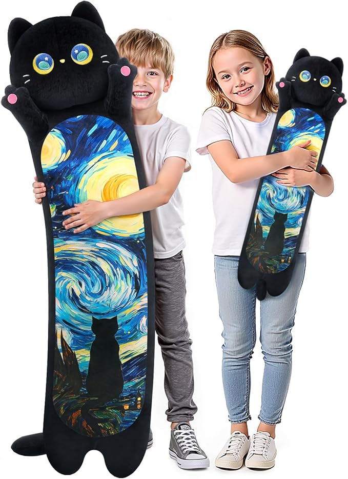 Mewaii Long Cat Plush 5 Sizes, 120% Extra Filling Giant Plushness Kids Body Pillow, Kawaii Cute Black Starry Cat Stuffed Animals Plushies, Big Long Black Cat Body Pillow Plush Gift for Girls 20”