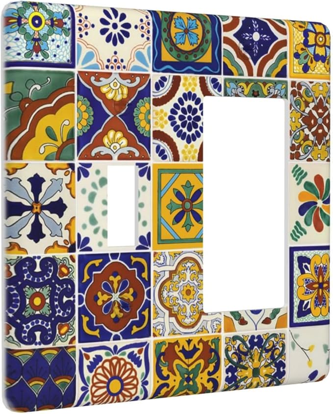 Boho Mandala Mosaic Ceramic Tile 2 Gang Combination Single Toggle/Decorator Wall Plate Yellow/Blue/Green Mexican Tile Combo 1-Toggle 1-GFCI/Rocker Outlet Light Switch Dimmer Receptacle Faceplate Cover