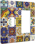 Boho Mandala Mosaic Ceramic Tile 2 Gang Combination Single Toggle/Decorator Wall Plate Yellow/Blue/Green Mexican Tile Combo 1-Toggle 1-GFCI/Rocker Outlet Light Switch Dimmer Receptacle Faceplate Cover