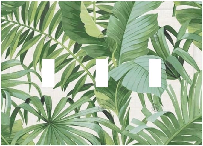 Tropical Palm Trees Leaves 3-Gang Toggle Device Switch Wall Plate Green Greenery Jungle Botanical Plant Boho Monstera Leaf Mid-Size Decorative Triple Decorator Light Switch Outlet Cover Faceplate