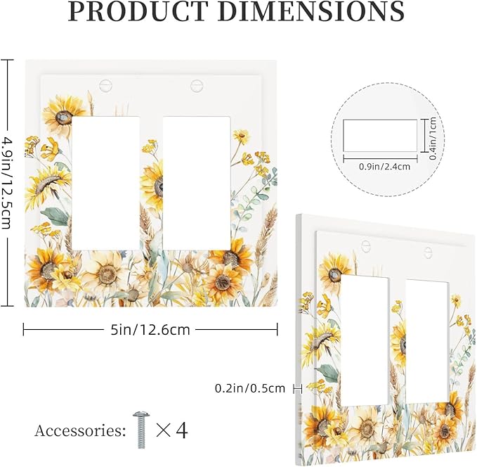 Yellow Floral Sunflowers Wheat Ears Watercolor Wild Flowers Decorative Outlet Covers 2 Gang Double GFCI Rocker Electrical Wall Panels Light Switch Cover Plate for Bedroom Living Room Decor
