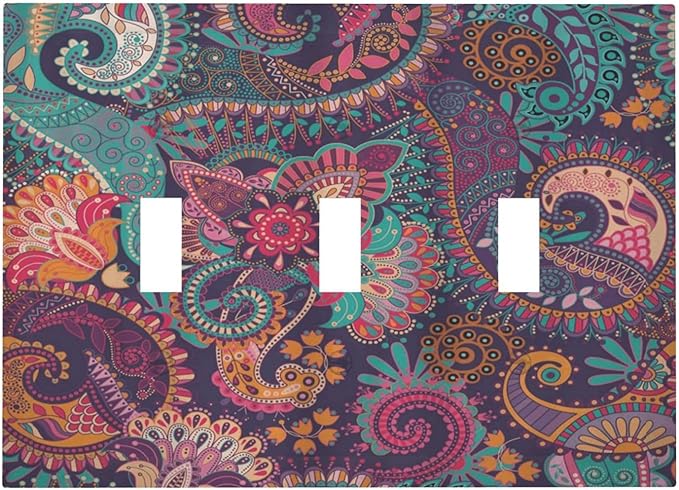 Mandala Boho Paisley Purple Floral Colorful Flower Decorative Switch Plates 3 Gang Wall Plate Triple Toggle Light Switch Cover Faceplate Electrical Wall Panels for Home Bedroom Decor