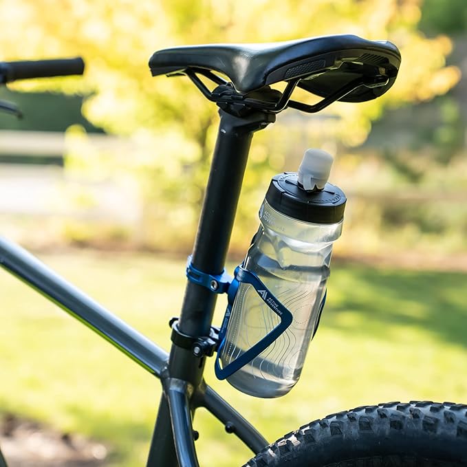 Bike Water Bottle Holder Combo - 20 Oz Squeeze Bottle & Bicycle Mount Cage Rack, No Screws Needed, Durable Alloy - Fits All Handlebar Bikes & MTB Mountain Road - for Adults, Kids (Blue)