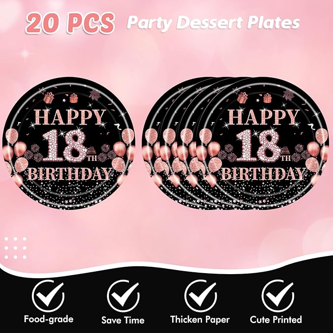 62Pcs 18th Birthday Decorations for Girls Her, Rose Gold Birthday Party Supplies Include 20 7''Plates 20 9'' Plates 20 Napkins and 2 Tablecloth, Rose Gold Princess Party Tableware for 20 Guests