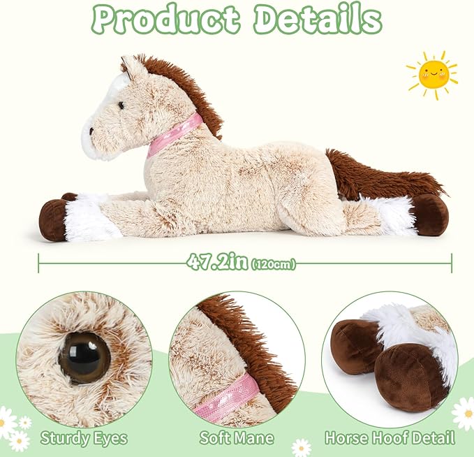 Tezituor 47 Inch Giant Horse Stuffed Animal, Hugging Soft Brown Horse Plush Body Pillow, 4ft Realistic Stuffed Stallion Plush Toy Gift for Girls Boys