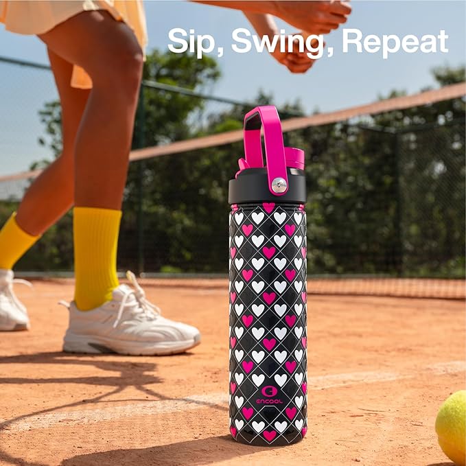 ENCOOL Valentine's Day Insulated Water Bottle with Straw Stainless Steel Water Bottle, Leak-Proof, BPA-Free, Keeps Cold for 24 Hours for Sports, Travel, School (26 oz,Bold Hearts Valentine x Black)