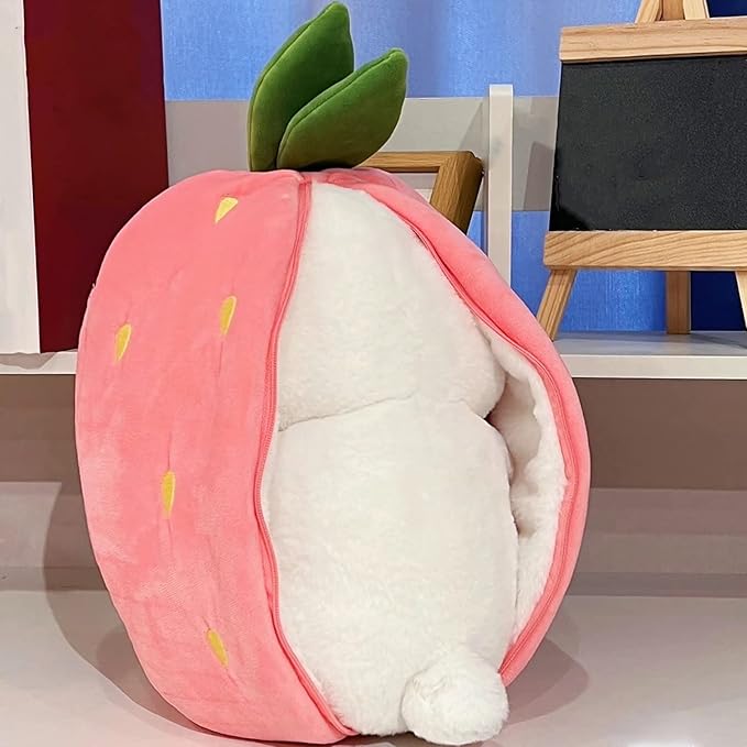 2PCS Bunny Plush Doll Toy Pillow, Reversible Carrot Strawberry Stuffed Animal with Zipper, Cute Rabbit Decoration for Kids & Adult Birthday Party Gift (10'' Strawberry+Carrot) (KP307)