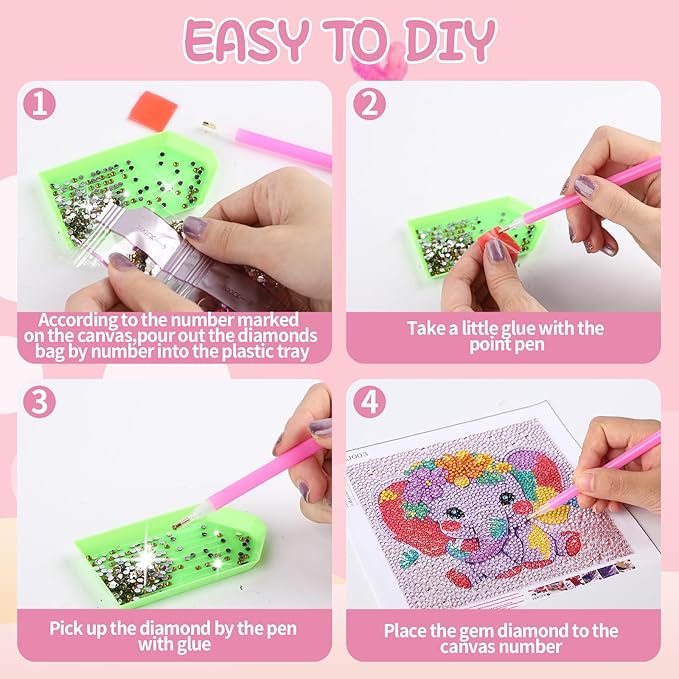 GIFOHAPY 4 Pack Diamond Art Kits for Kids, 5D Cute Animal Diamond Painting Kit for Beginners, Gem Art Crafts By Number for Boys Girls Ages 6-8-12-14,Home Wall Decor Gift 6X6“ (XY001+002+003+04)