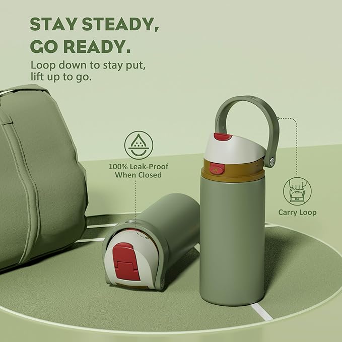 POWCAN 18 oz Insulated Water Bottle for Men: 2-in-1 Push-Button Spout & Quick-Flip Straw, Leakproof, Cold 24Hrs, Fits Car Cup Holder, Stainless Sports Bottle for Travel, Camping, Gift (Hunter Crest)
