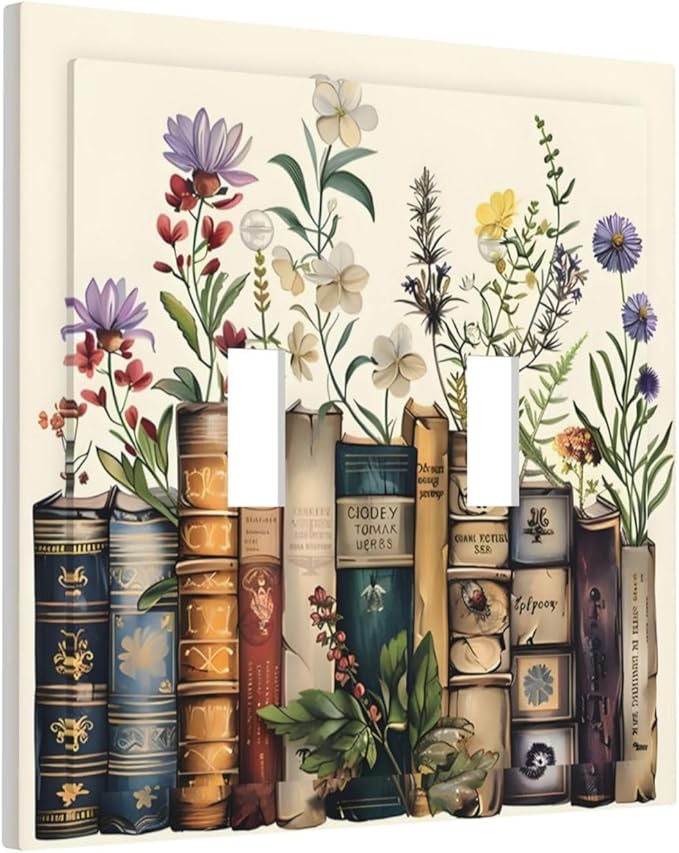 Plant Floral Books Colorful Flower Decorative Switch Plates 2 Gang Double Toggle Outlet Light Switch Cover Wall Plate Electrical Faceplate for Kids Room Bedroom Decor