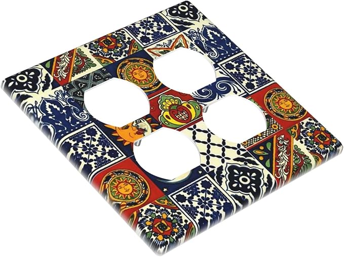 Boho Hippie Sun and Moon Mexican Talavera Tile 2-Gang Device Duplex Wall Plate, Mysterious Hippy Moroccan Tiles Decorative Two Gang Double Duplex Receptacle Socket Outlet and Light Switch Cover Plate
